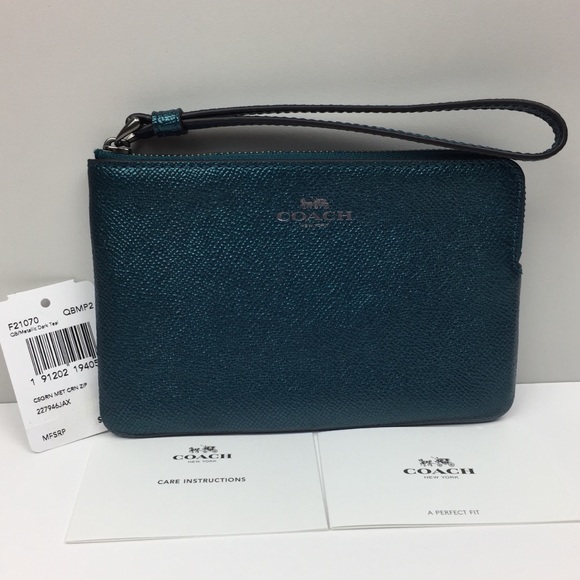 Coach Leather Metallic Dark Teal Wristlet - Picture 2 of 4